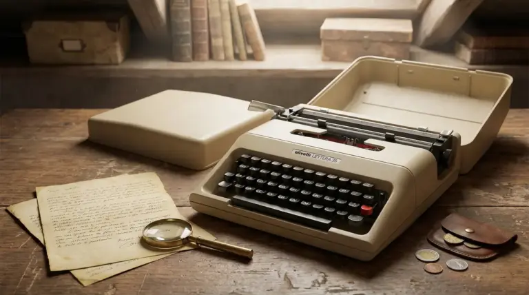Macchina da scrivere Olivetti Lettera 35 su una scrivania in legno con lettere, lente e monete