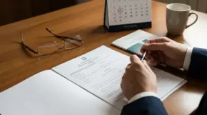 Persona al lavoro con documenti ufficiali su un tavolo, vicino a un calendario e una tazza