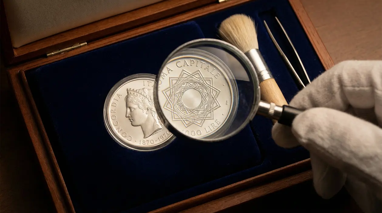 Moneta da 1000 lire del 1970 osservata con lente d'ingrandimento in astuccio da collezione