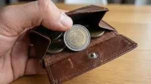 Una mano tiene una moneta da 2 euro davanti a un portafoglio marrone aperto