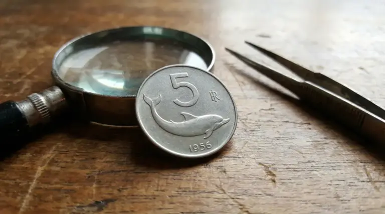 Vecchia moneta da 5 lire con delfino del 1956 accanto a lente d'ingrandimento e pinzette su tavolo di legno