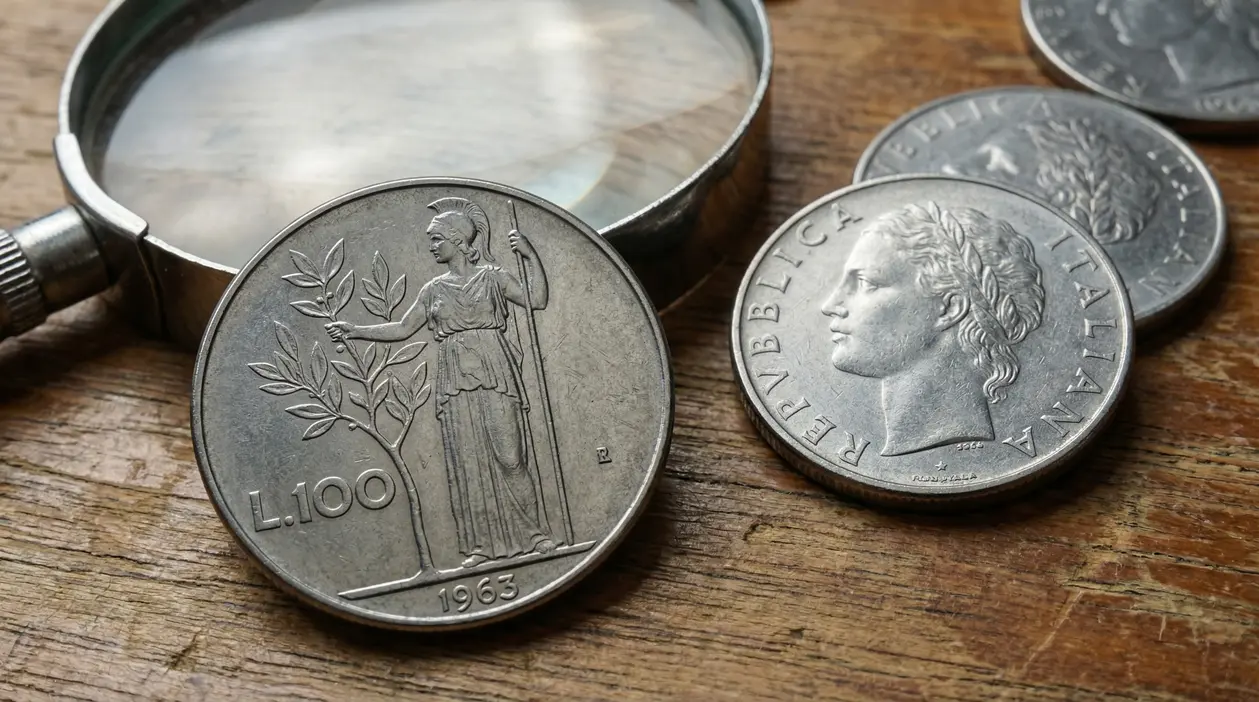 Monete da 100 lire del 1963 su un tavolo in legno con lente d'ingrandimento