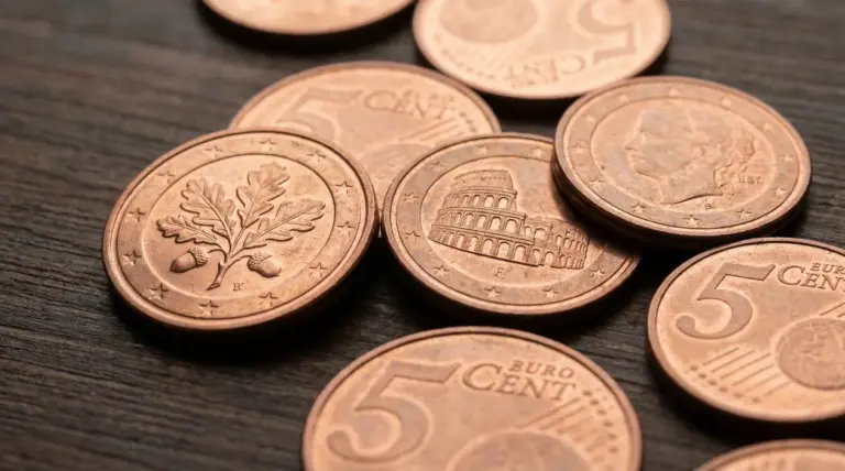 Monete da 5 centesimi euro disposte su una superficie in legno