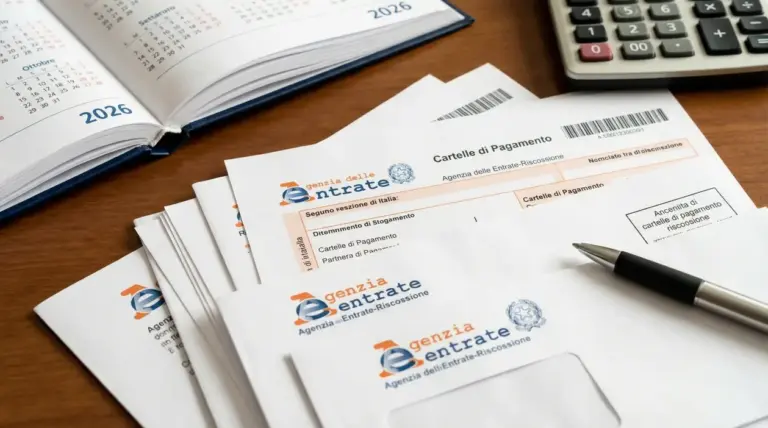 Cartelle di pagamento dell'Agenzia delle Entrate su un tavolo con calendario 2026 e calcolatrice