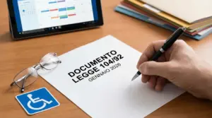 Una mano con penna accanto a un documento sulla legge 104 su una scrivania con occhiali e simbolo disabilità.
