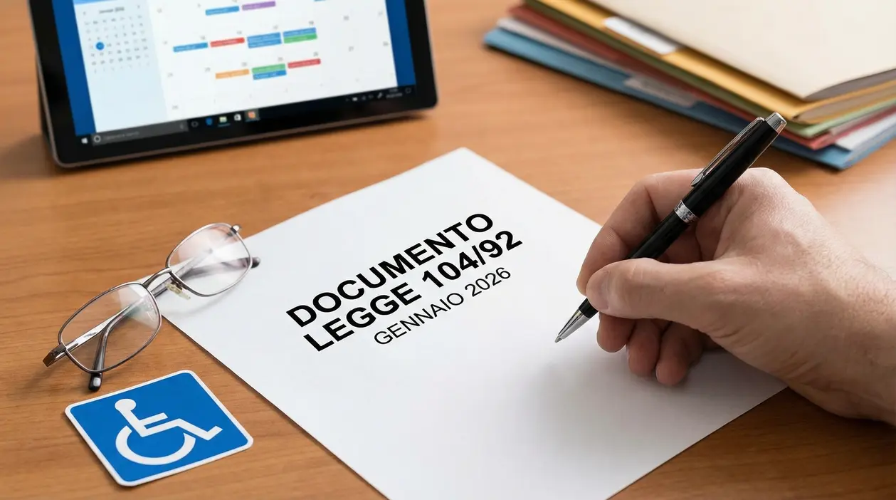Una mano con penna accanto a un documento sulla legge 104 su una scrivania con occhiali e simbolo disabilità.