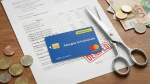 Carta Assegno di inclusione su un documento con forbici e monete