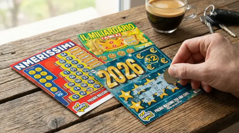 Una mano gratta un biglietto Gratta e Vinci 2026 su un tavolo di legno accanto a un caffè e delle chiavi