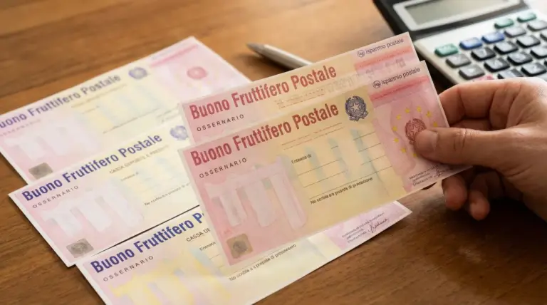 Una mano tiene alcuni buoni fruttiferi postali su un tavolo con calcolatrice e penna.