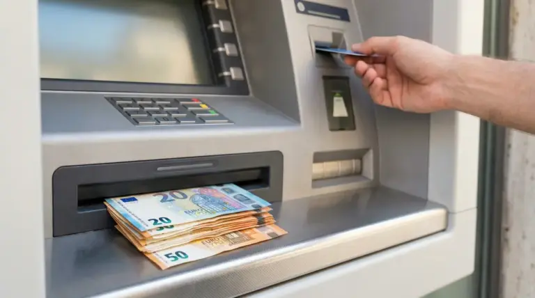 Banconota in uscita da un bancomat mentre una persona inserisce una carta