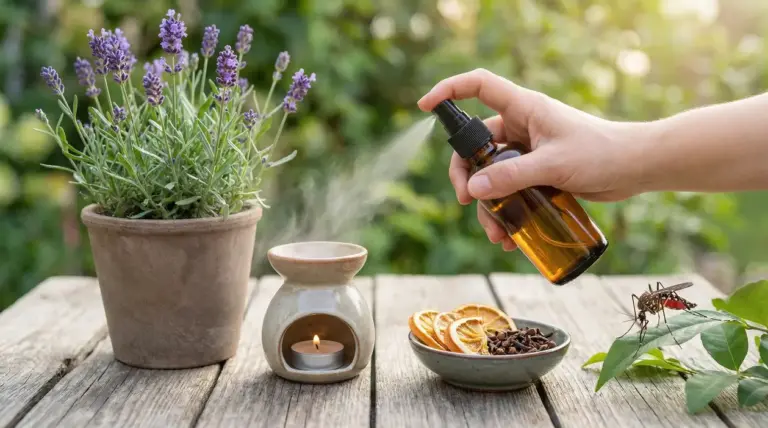 Spray naturale con lavanda e oli essenziali usato per allontanare le zanzare all’aperto