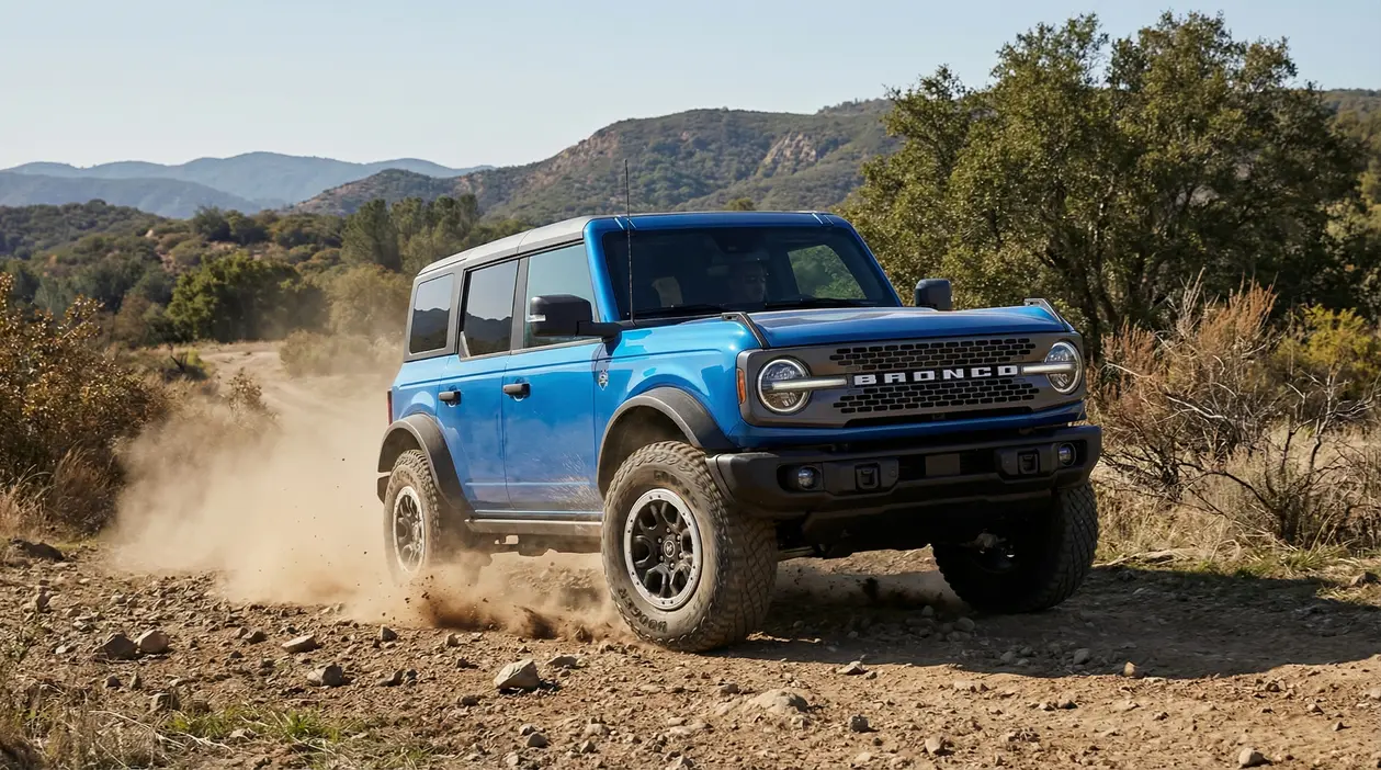 Fuoristrada sportivo blu su strada sterrata in mezzo alla natura