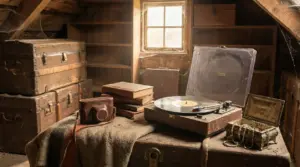 Oggetti vintage come giradischi, libri antichi e una macchina fotografica in una soffitta polverosa