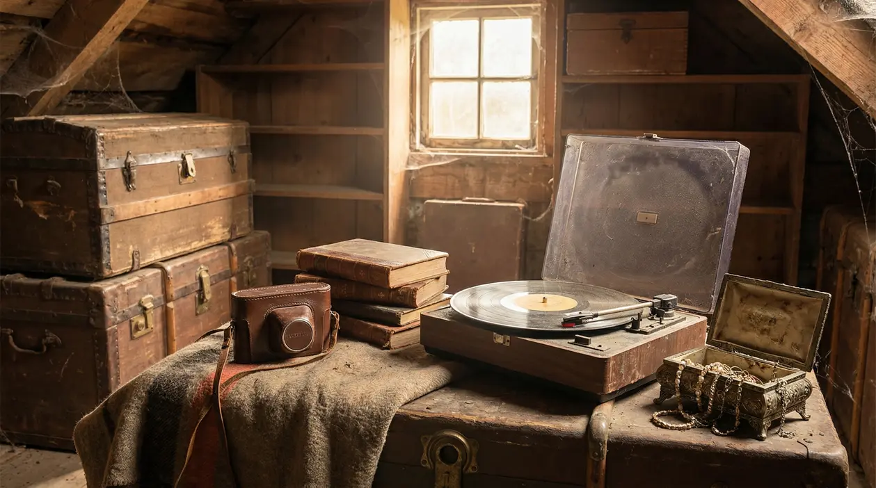 Oggetti vintage come giradischi, libri antichi e una macchina fotografica in una soffitta polverosa