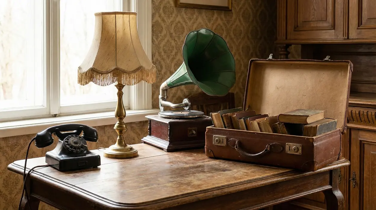 Oggetti vintage su un tavolo: telefono a rotella, lampada, grammofono e valigia con libri