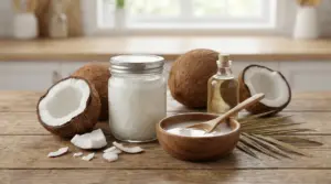 Barattolo di olio di cocco, ciotola, noci di cocco e bottiglia su un tavolo di legno