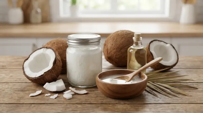 Barattolo di olio di cocco, ciotola, noci di cocco e bottiglia su un tavolo di legno