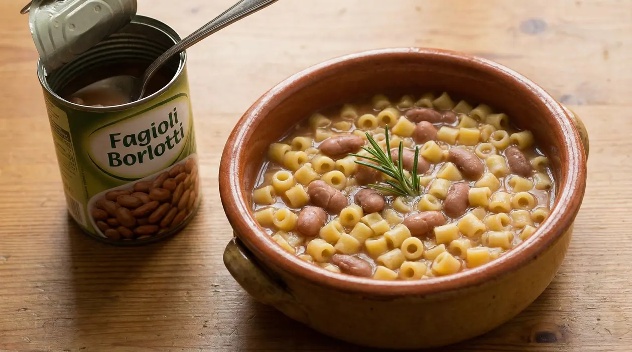 Piatto di pasta e fagioli in ciotola di terracotta con barattolo di fagioli borlotti