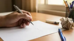 Mano che cerca di scrivere con una penna che non funziona su un foglio bianco