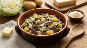 Piatto di pizzoccheri valtellinesi con verza, patate e formaggio fuso in una ciotola di terracotta