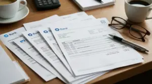 Estratti conto bancari su una scrivania con occhiali, penna e tazza di caffè