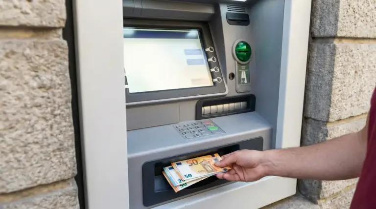 Persona che preleva banconote da uno sportello bancomat