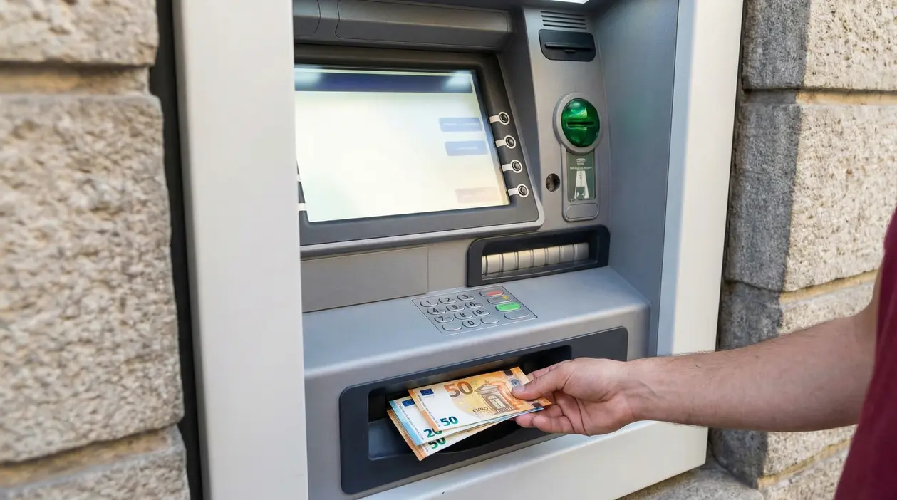 Persona che preleva banconote da uno sportello bancomat