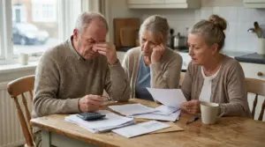 Tre persone anziane sedute al tavolo guardano preoccupate dei documenti