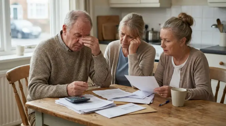Tre persone anziane sedute al tavolo guardano preoccupate dei documenti