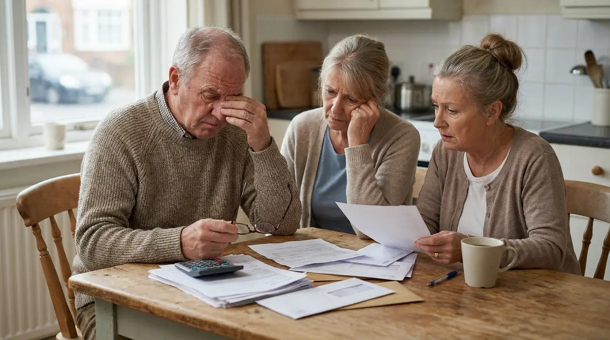 Tre persone anziane sedute al tavolo guardano preoccupate dei documenti