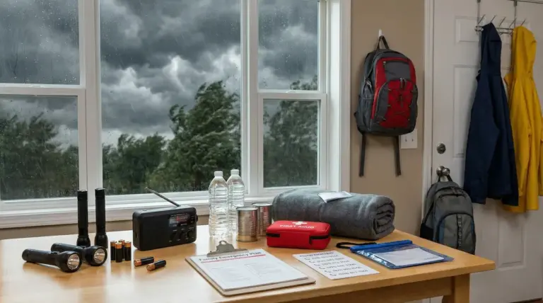 Kit di emergenza con torce, radio, acqua, coperte e altri oggetti su un tavolo durante un temporale