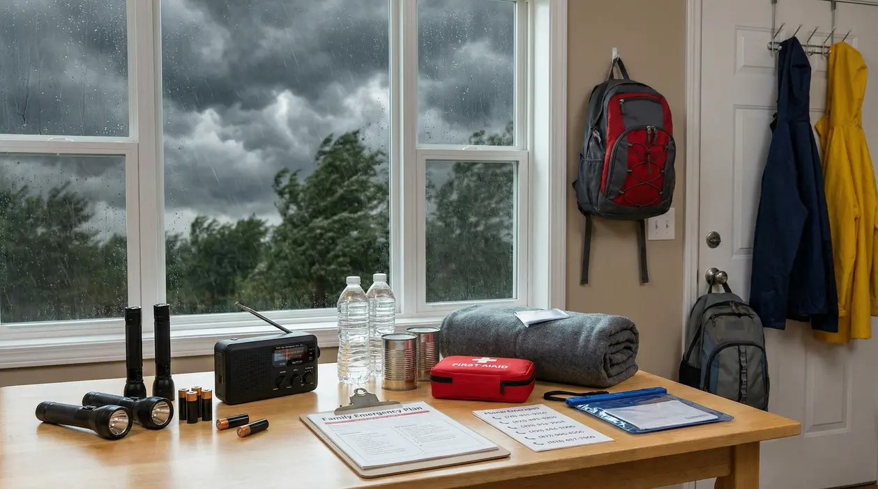 Kit di emergenza con torce, radio, acqua, coperte e altri oggetti su un tavolo durante un temporale