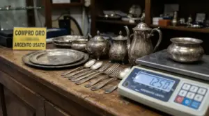 Oggetti in argento usato, tra cui posate e teiere, su un banco con bilancia e cartello di acquisto.