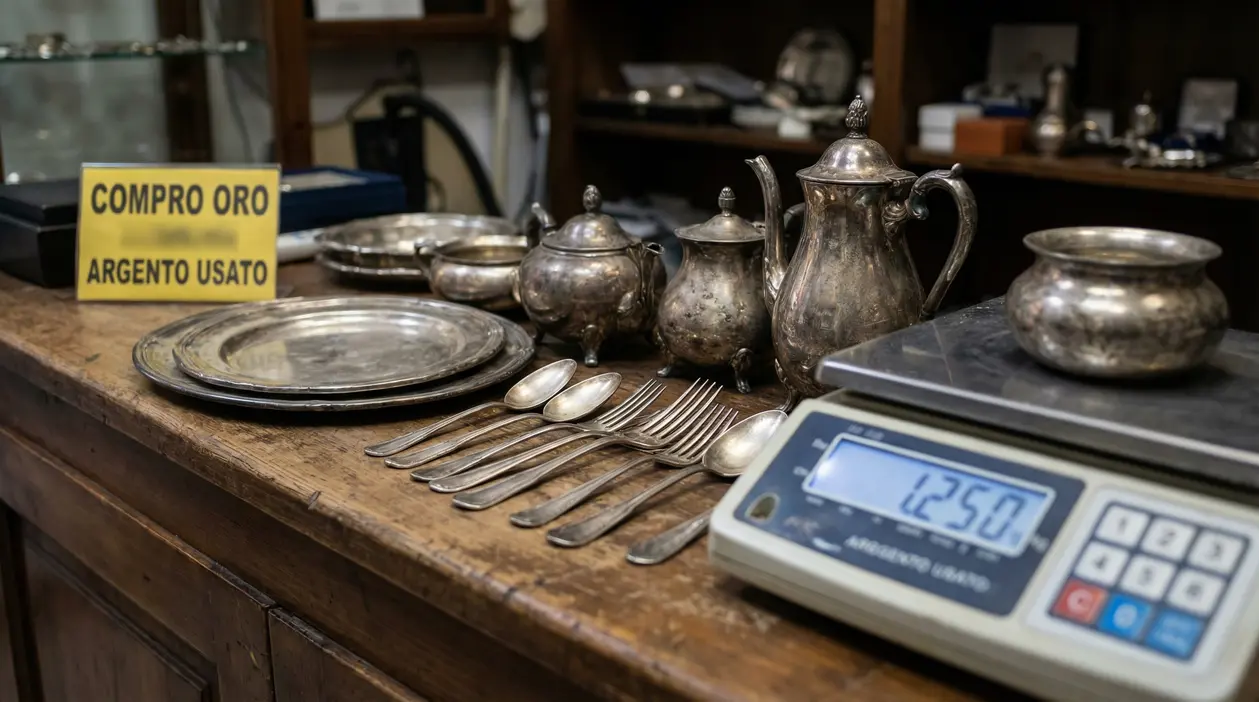 Oggetti in argento usato, tra cui posate e teiere, su un banco con bilancia e cartello di acquisto.