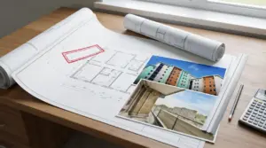 Progetto architettonico con foto di edifici residenziali su scrivania