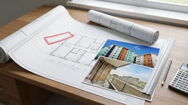 Progetto architettonico con foto di edifici residenziali su scrivania