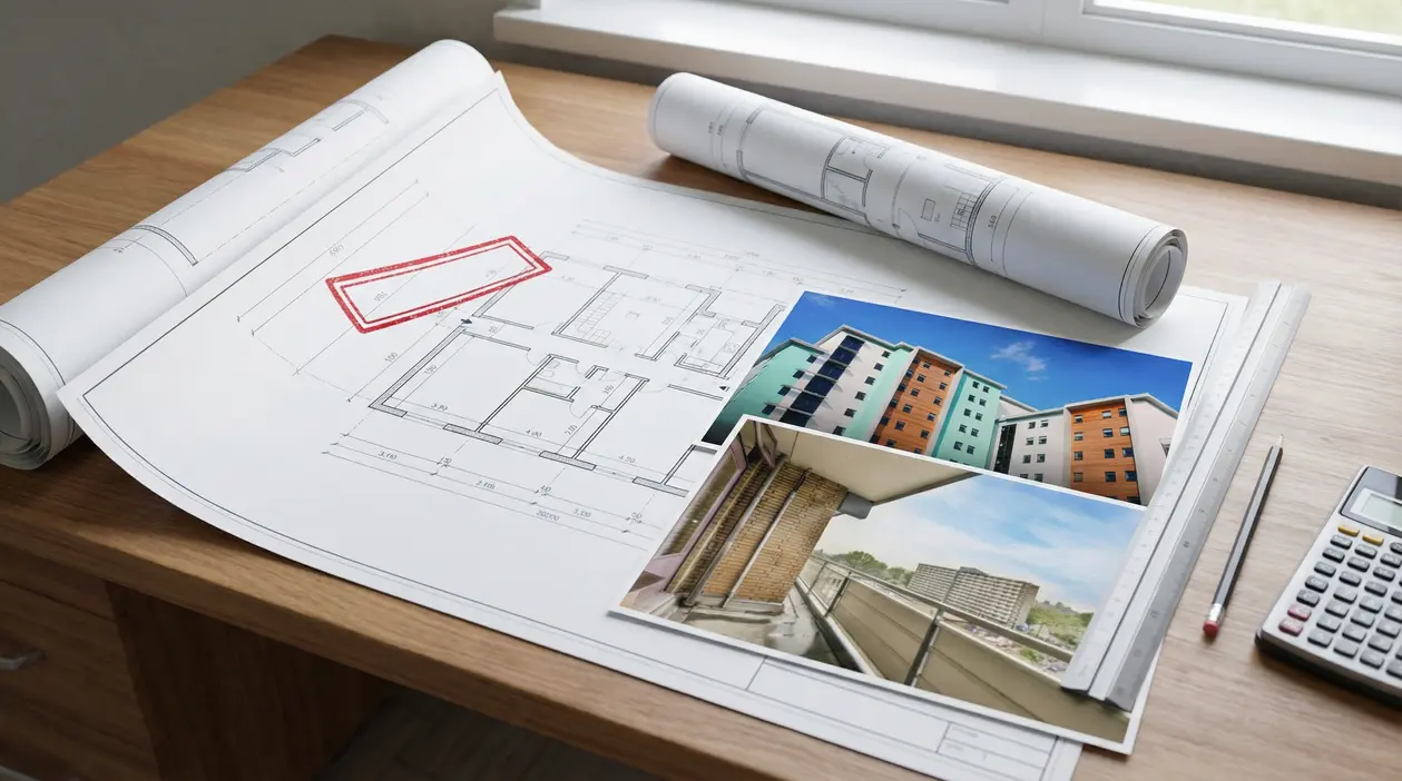 Progetto architettonico con foto di edifici residenziali su scrivania