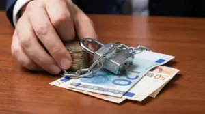 Mano che tiene monete e banconote in euro bloccate con catena e lucchetto su un tavolo