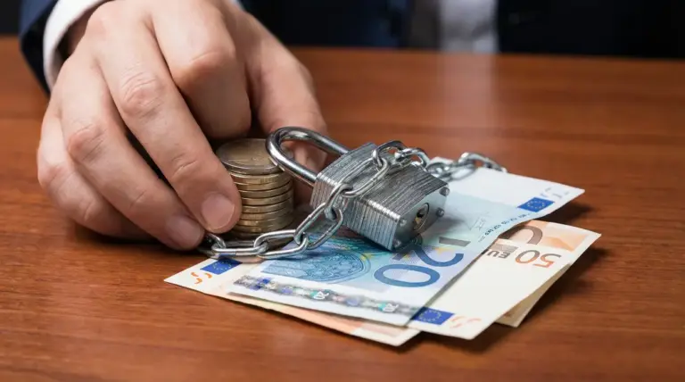 Mano che tiene monete e banconote in euro bloccate con catena e lucchetto su un tavolo