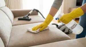 Persona con guanti pulisce un divano in microfibra con panno e acqua distillata