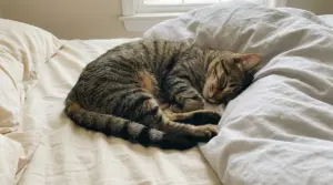 Gatto tigrato che dorme profondamente su un letto con lenzuola chiare