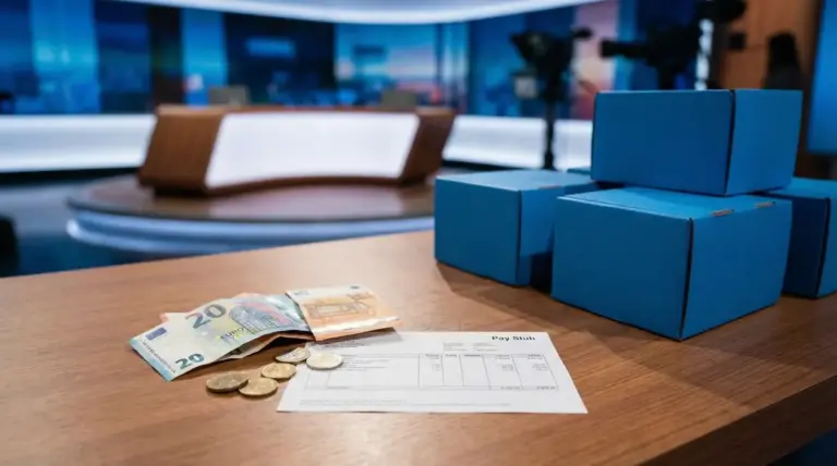 Banconote in euro, monete, una busta paga e scatole blu su un tavolo in uno studio televisivo