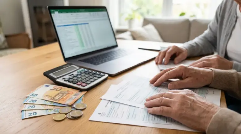 Due persone esaminano documenti e conti pensionistici con un laptop, calcolatrice e denaro in euro sul tavolo
