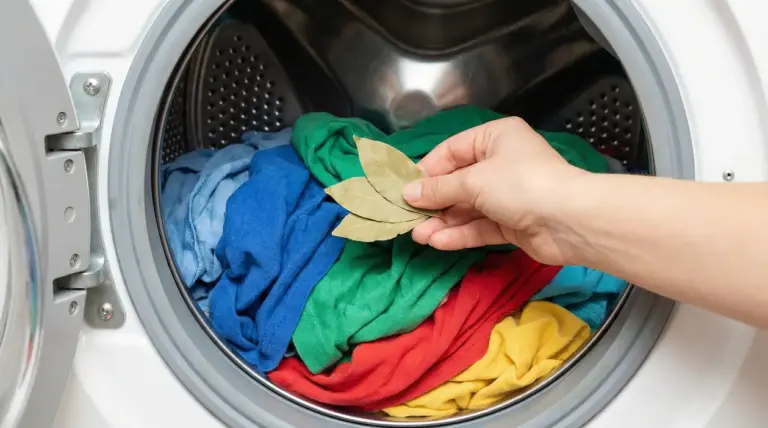 Mano che inserisce foglie di alloro in una lavatrice piena di vestiti colorati