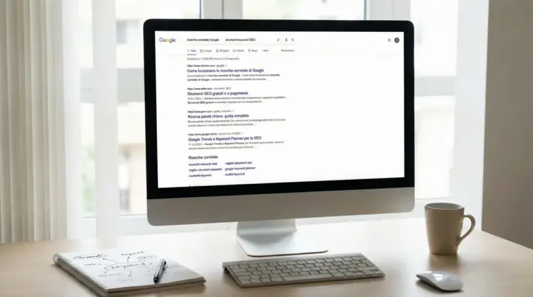 Schermo di computer con risultati di ricerca Google su keyword SEO e ricerche correlate