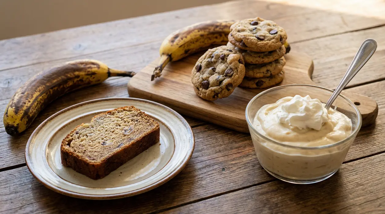Dolci fatti in casa con banane mature: banana bread, biscotti e crema al cucchiaio
