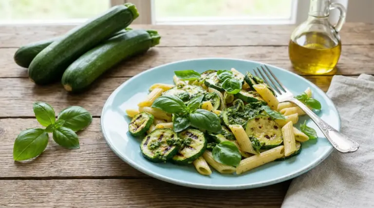 Piatto di pasta con zucchine grigliate e basilico su tavolo rustico