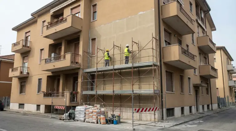Operai al lavoro su ponteggi per il rifacimento della facciata di un edificio condominiale