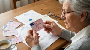 Anziana controlla la patente di guida seduta a un tavolo con documenti.