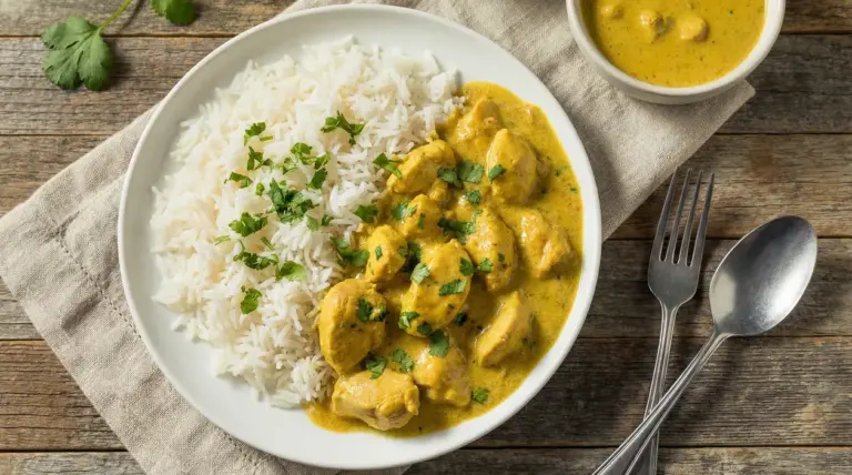 Piatto di riso basmati con pollo al curry guarnito con prezzemolo su tavola rustica